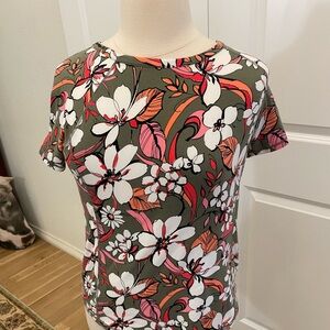 Bright floral tee by Talbots green with white and orange accent flowers